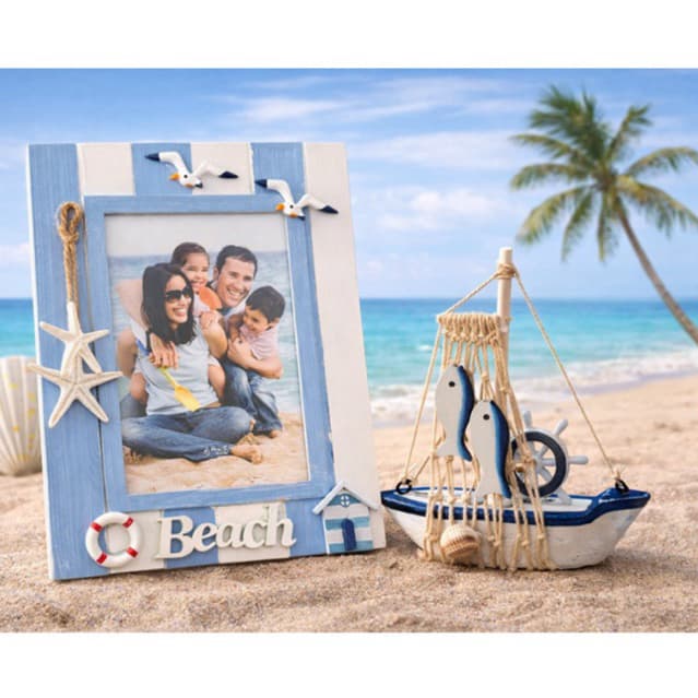 Kit Decoração Praia Porta-Retrato + Barquinho Náutico Estilo Rústico Marinho