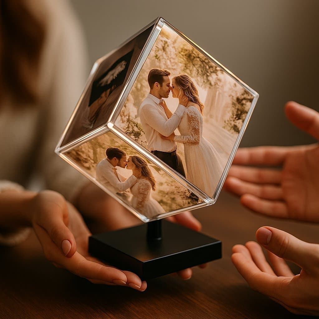 Porta retrato cubo giratório com luz LED personalizado com fotos de casal se beijando