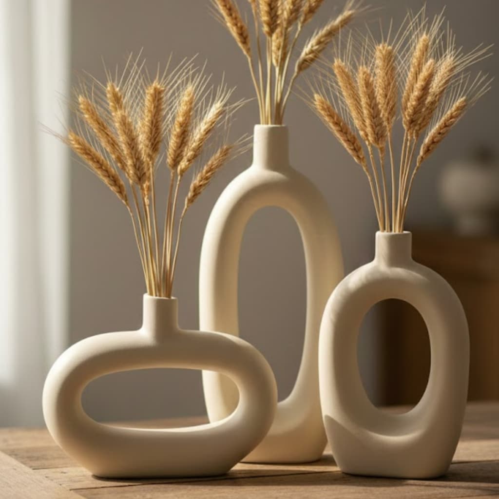 Trio de vasos decorativos de cerâmica modernos e elegantes com trigo em um fundo neutro