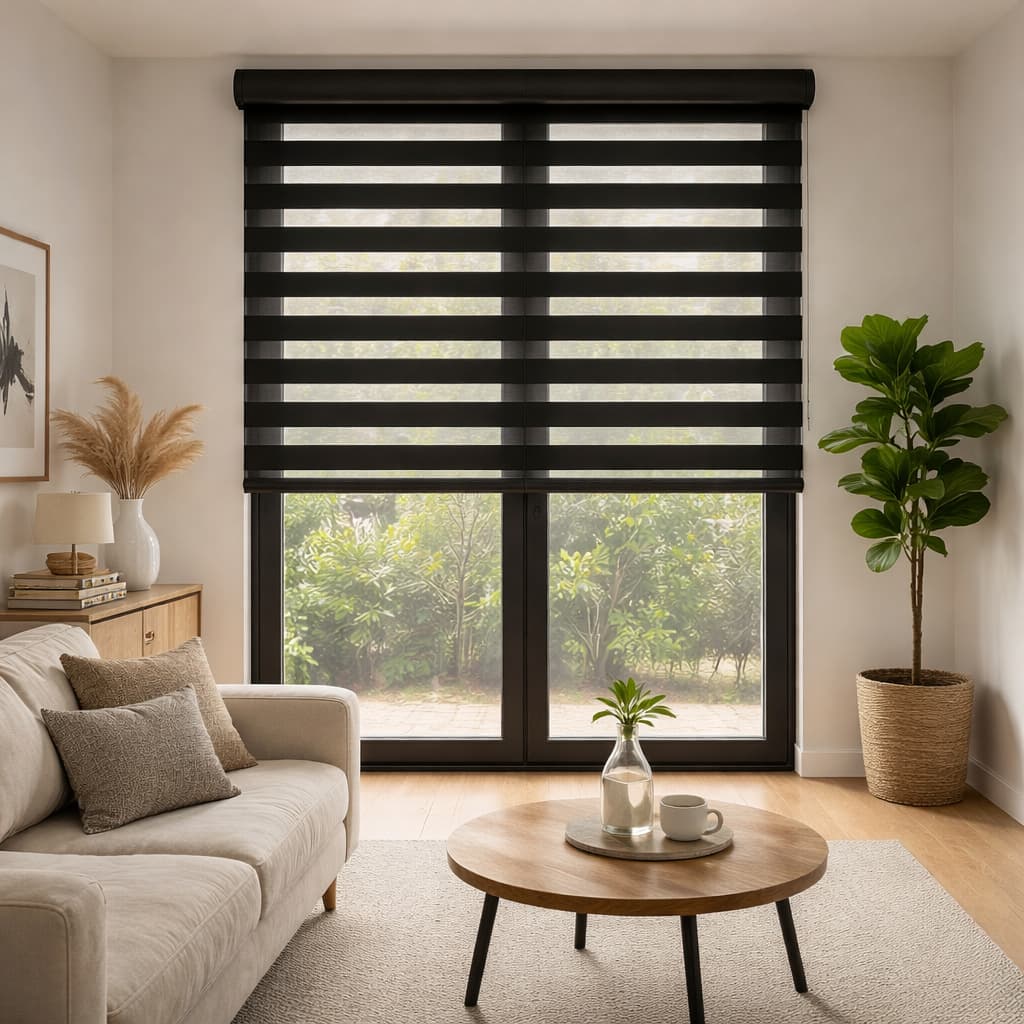 Cortina Persiana Horizontal Rolo Zebra Blackout Parcial em Janela Grande