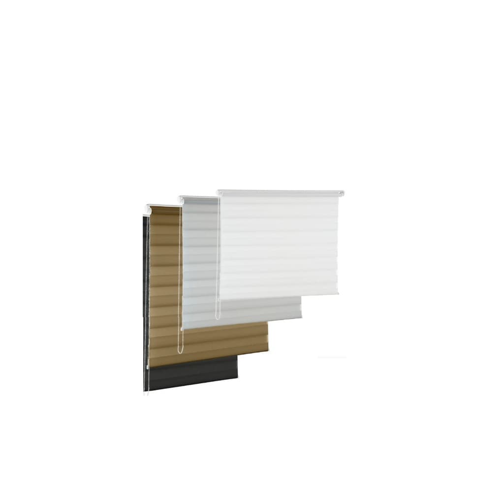 Três persianas rolô zebra em cores branca, marrom e cinza contra fundo branco