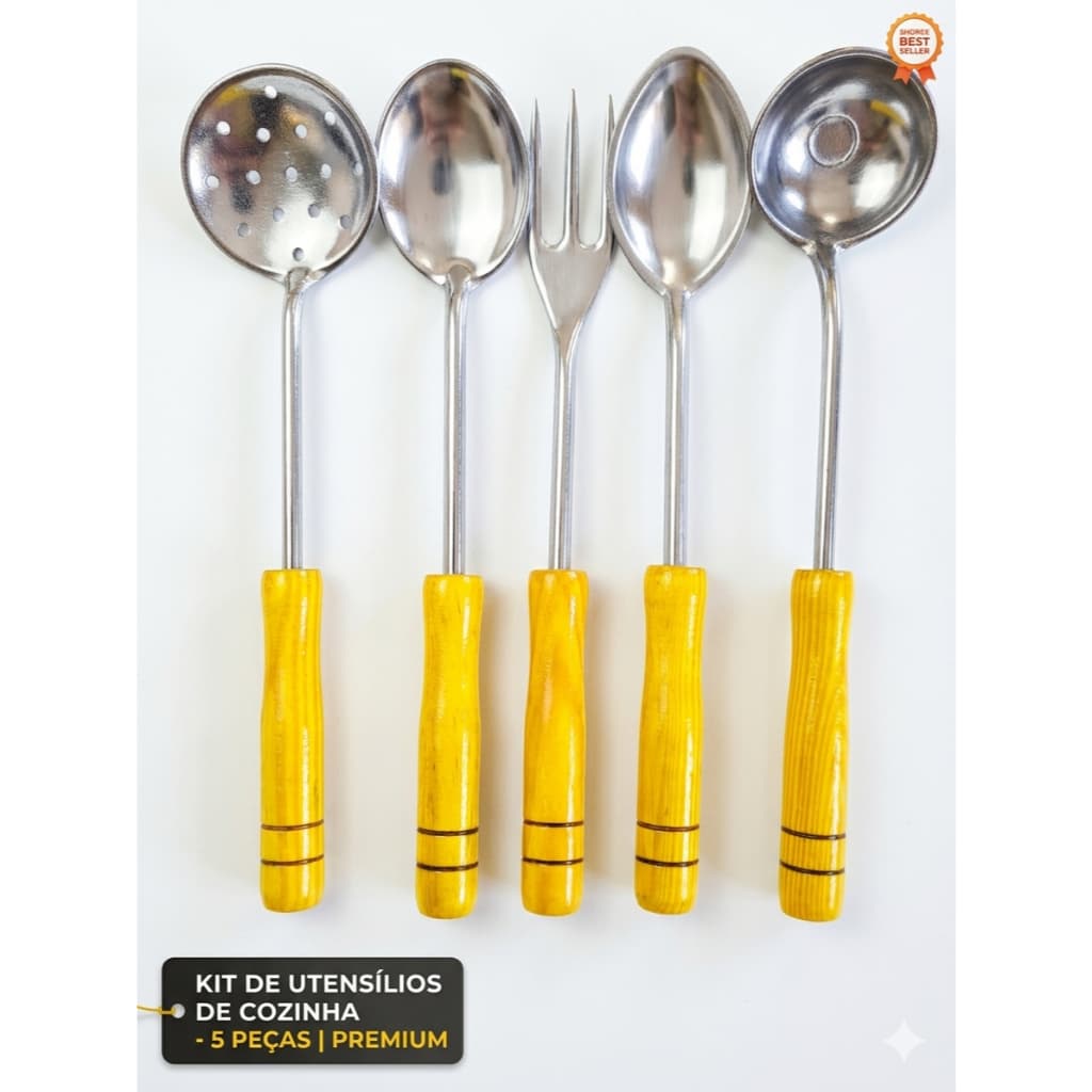 Kit 5 Talheres Utensílios de Cozinha Alumínio Polido Retrô Cabo de Madeira Garfo Concha Colher Escumadeira Concha Rasa