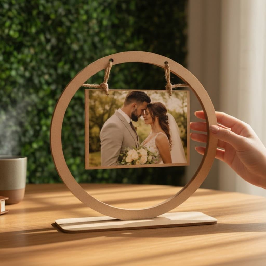 Centro de mesa porta-retrato MDF circular para casamento com imagem de recém-casados