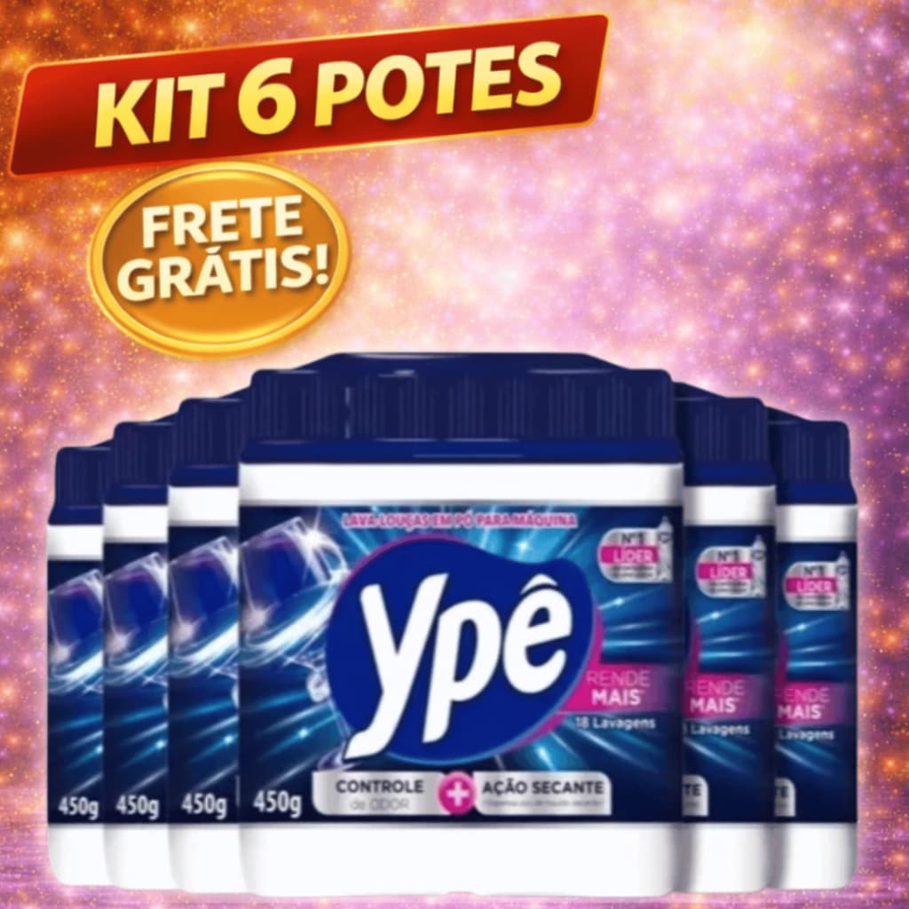 Kit 6 potes de detergente em pó Ypê 450g com oferta de kit grátis