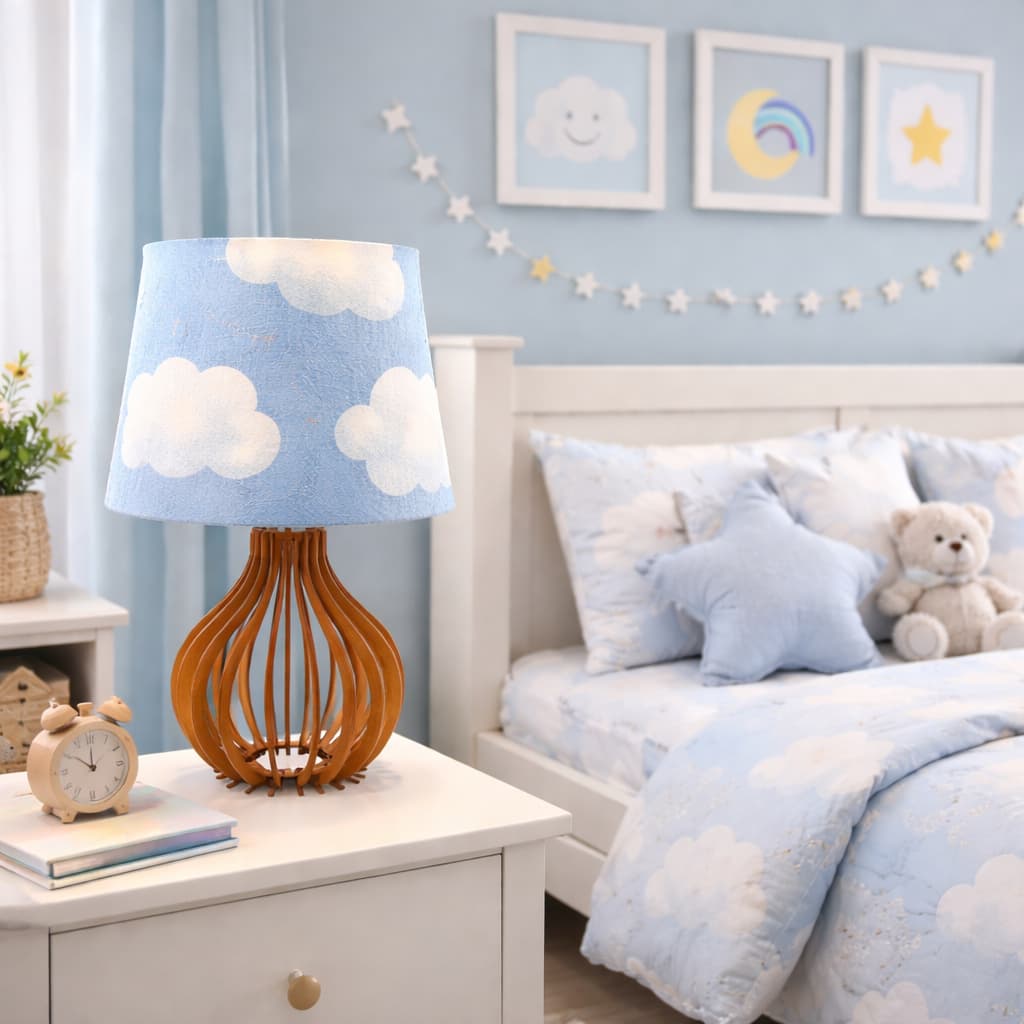 Abajur Infantil De Mesa Com Cúpula Em Tecido Decorado Nuvem Luminária De Mesa Quarto Criado Mudo