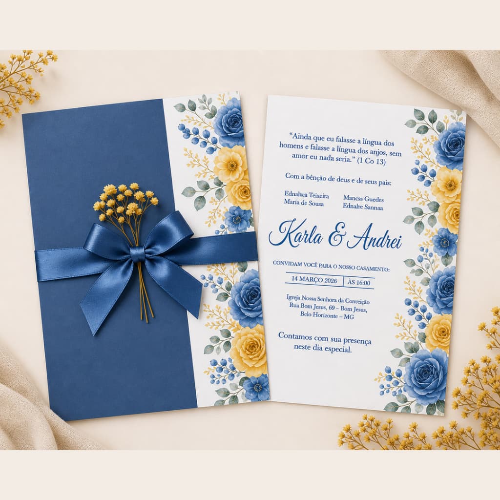 20 CONVITE DE CASAMENTO AZUL E AMARELO - BRINDE 40 CONVITES INDIVIDUAIS (CASAMENTO, ANIVERSÁRIO, CASAMENTO AZUL)