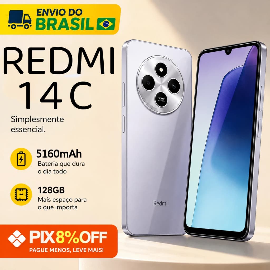 Smartphone Xiaomi Redmi 14C branco com câmera traseira dupla e bateria de 5160mAh