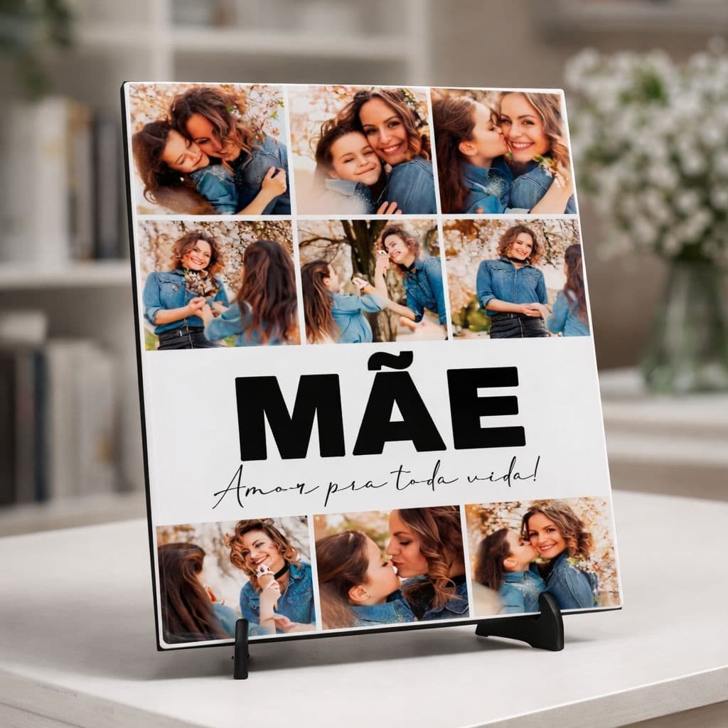 Porta Retrato Personalizado Dia das Mães com fotos de família e texto 'Mãe'.