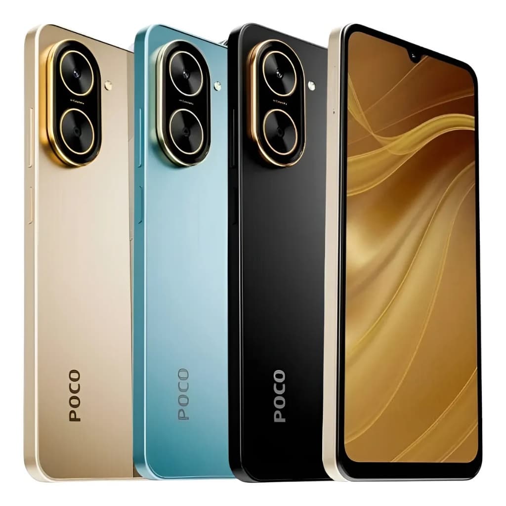 Smartphone Xiaomi Poco C71 em três cores: dourado, azul e preto com câmera dupla.