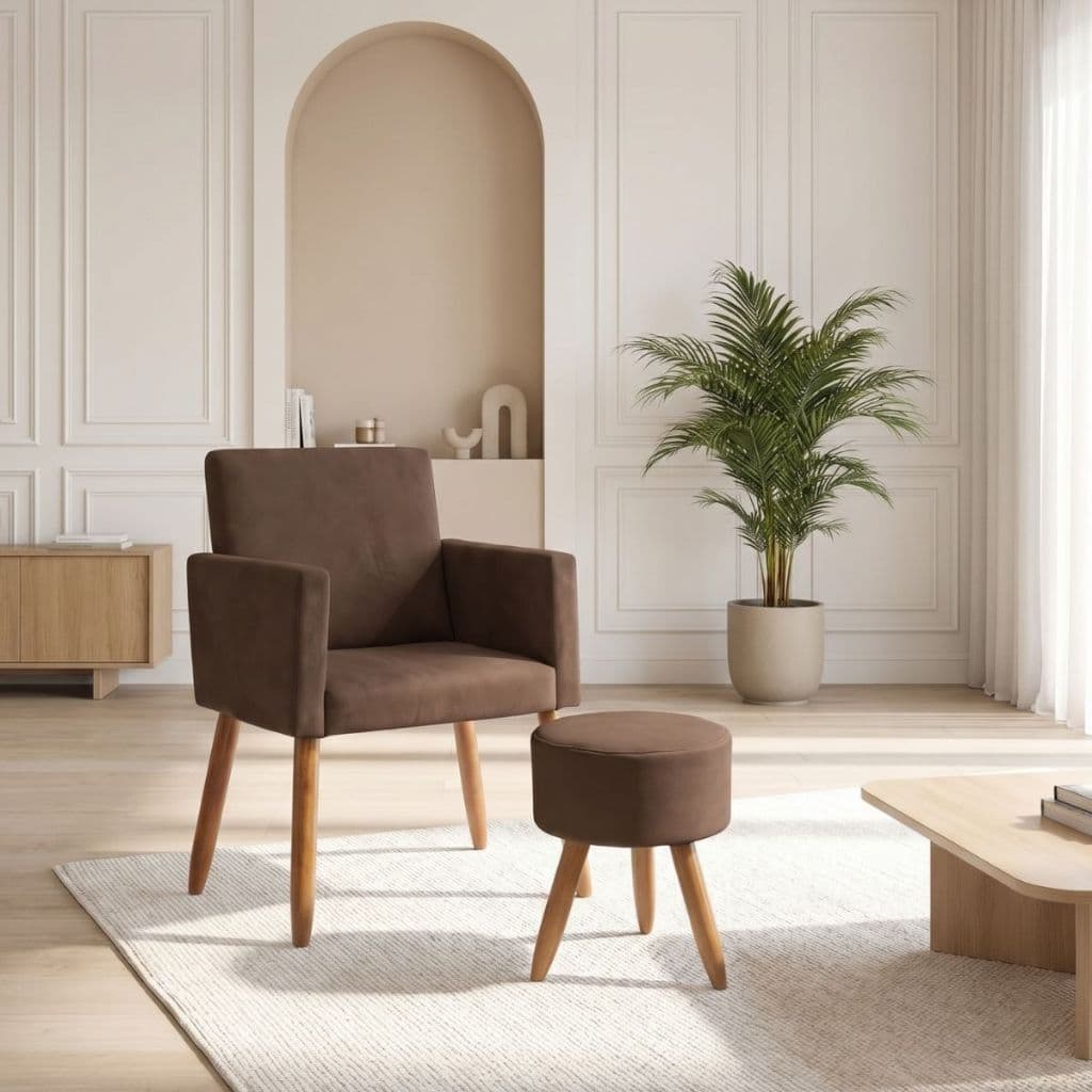 Poltrona com Puff Decorativa para Recepção Sala de Estar Sala de Espera pés palito