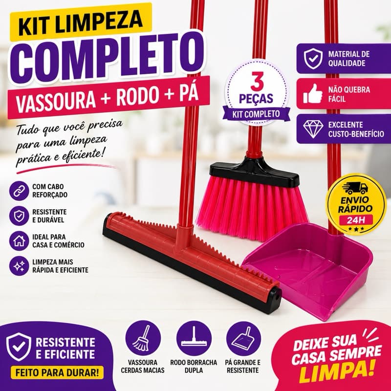 Kit Limpeza Completo Vassoura + Rodo + Pá Com Cabo Resistente Envio Rápido