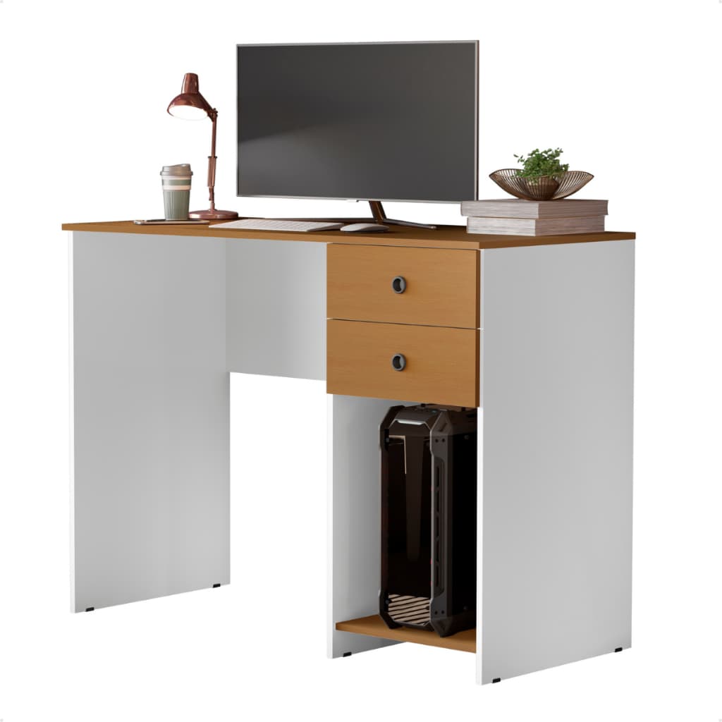 Escrivaninha branca com 2 gavetas e suporte para CPU, monitor e livros