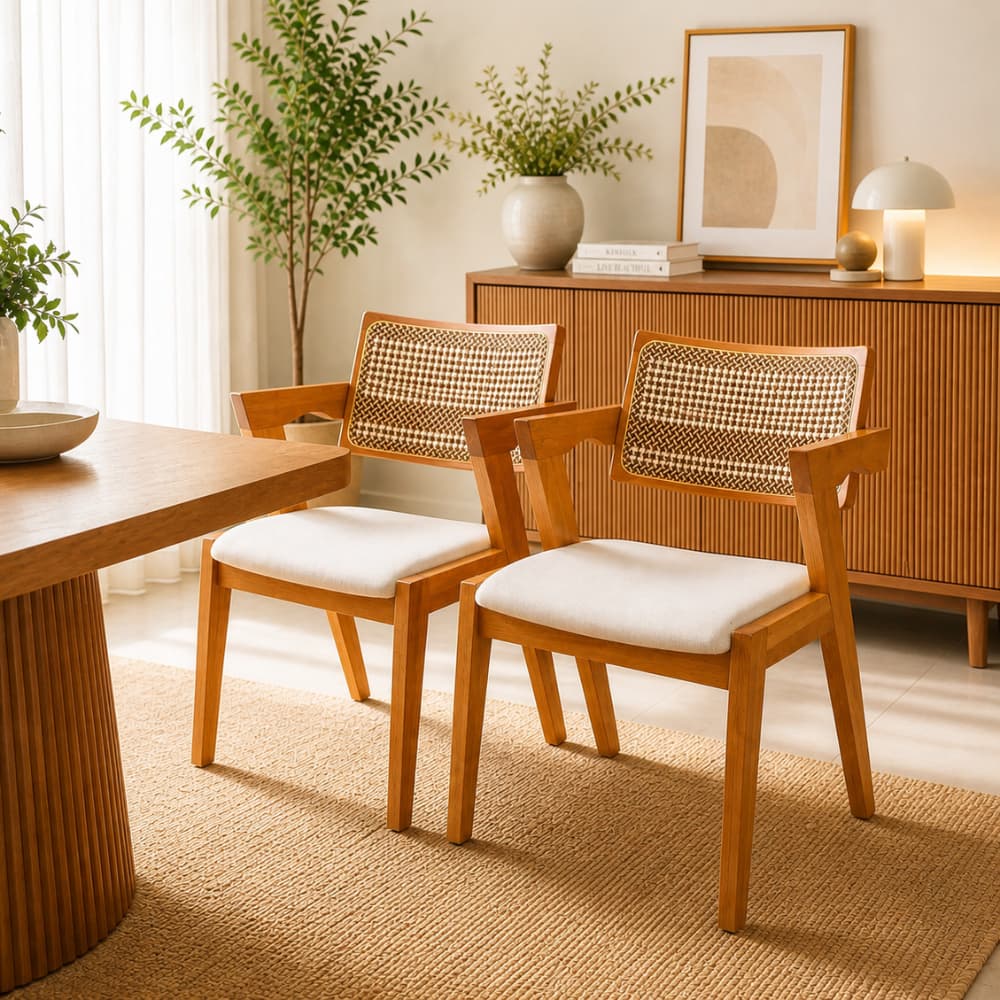 Cadeira Inglaterra Rattan Bicolor  Kit 2 unid sala de jantar recepção madeira estofado e telinha