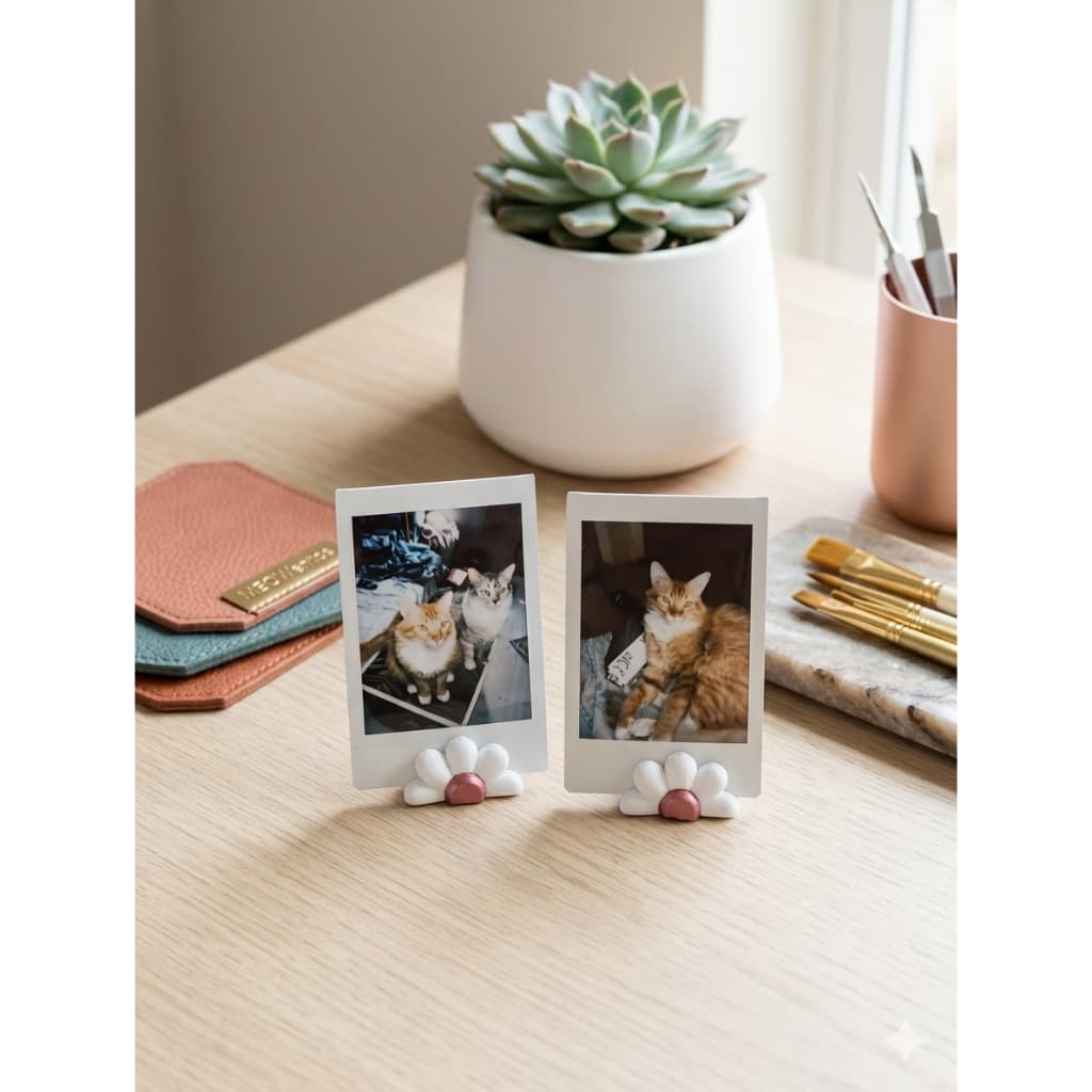 Porta-retratos em formato de flor branco com pétalas rosa sobre mesa de madeira