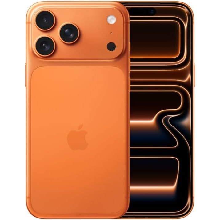 iPhone 17 Pro Max 256 GB Laranja Cósmico, vista traseira com câmera e logo da Apple