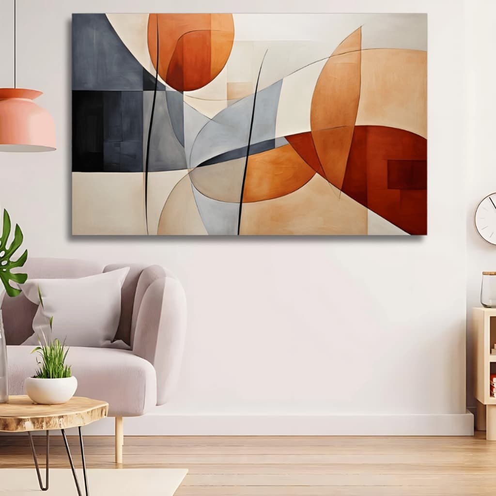 Quadro decorativo abstrato Boho Floral 60x90 em canvas, com formas geométricas e cores vibrantes.