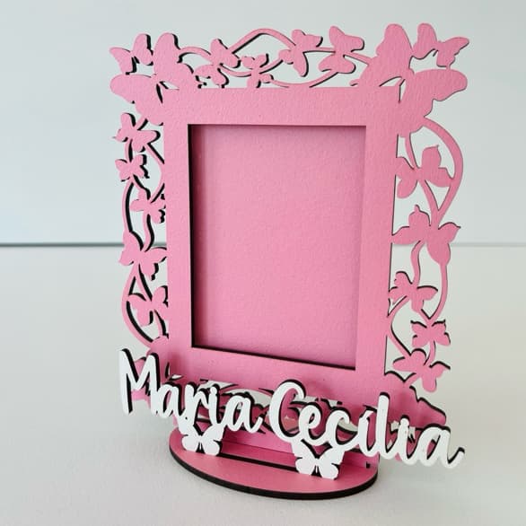 Kit centro mesa porta retrato borboleta floral rosa personalizado Maria Cecília