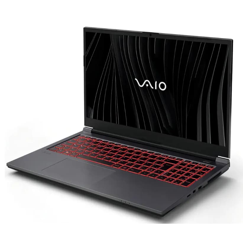 Notebook VAIO FH15 cinza com teclado retroiluminado vermelho aberto em fundo branco