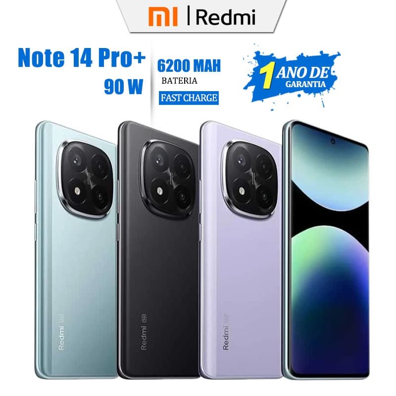 Xiaomi Redmi Note 14 Pro+ em quatro cores: azul, preto, cinza e magenta, com destaque para câmeras traseiras e informações sobre bateria e garantia.