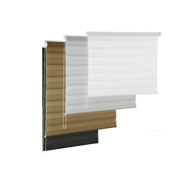 Três persianas rolô zebra em cores marrom, branco e preto