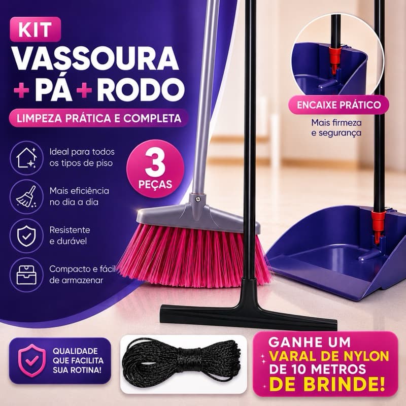 Kit Limpeza Completa Vassoura Rodo 40cm e Pá de Lixo Dobrável COM CABO 80cm Alta Qualidade