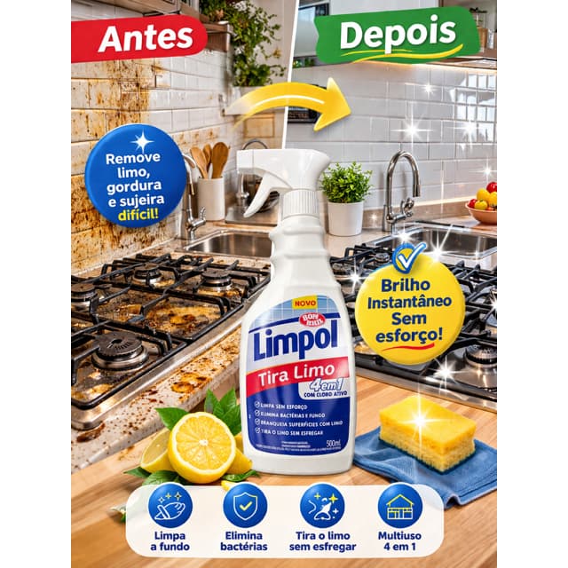 Anúncio Limpol Tira Limo, garrafa branca, limão, esponja amarela, cozinha limpa
