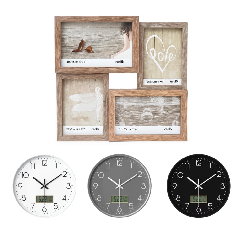 Kit de relógios de parede com porta-retratos vintage, um branco, um cinza e um preto