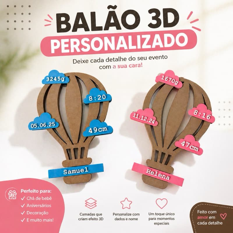 Balão 3D Personalizado com Nome e Dados do Bebê | Decoração Chá de Bebê, Maternidade e Aniversário