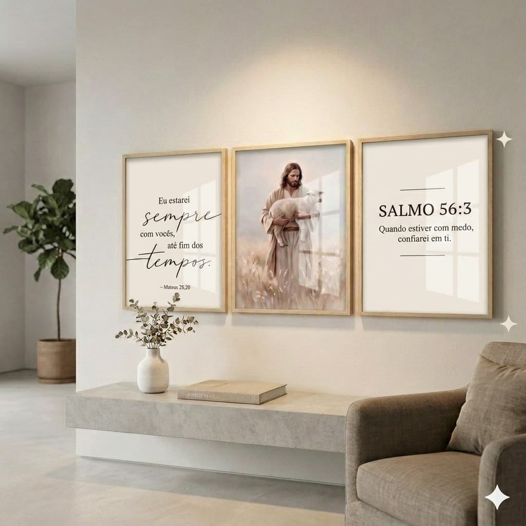 Kit 3 Quadros Decorativo Religioso Clean Frases Jesus Ovelha Moldura e Vidro