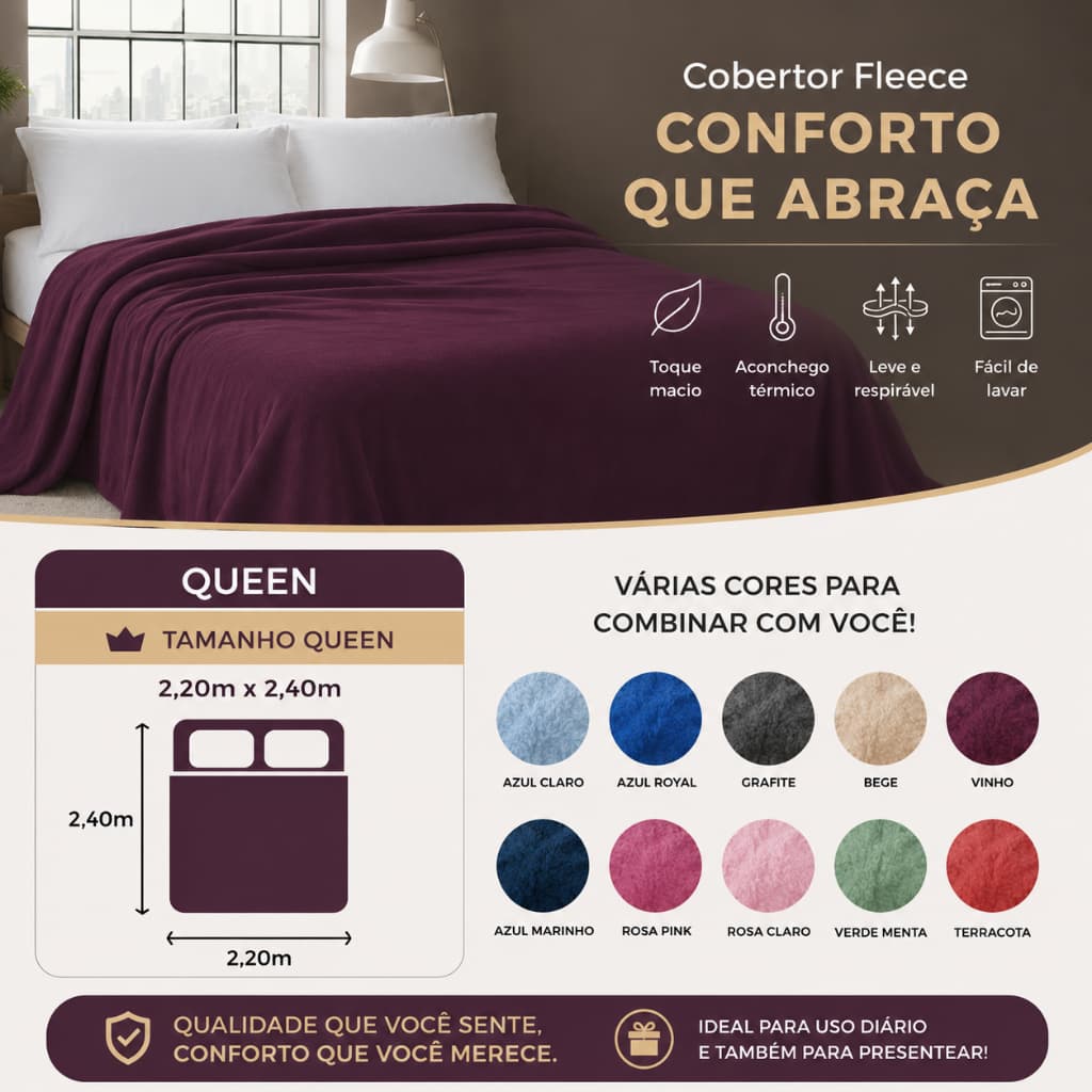 Cobertor fleece de microfibra Camesa, tamanho queen, cor borgonha, suave e aconchegante
