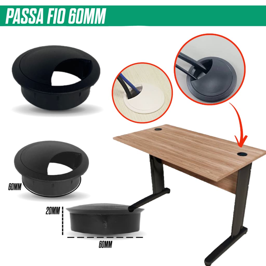 Organizador de fios mesa 24 Passa Cabo Preto 60mm com peças de plástico e mesa de madeira