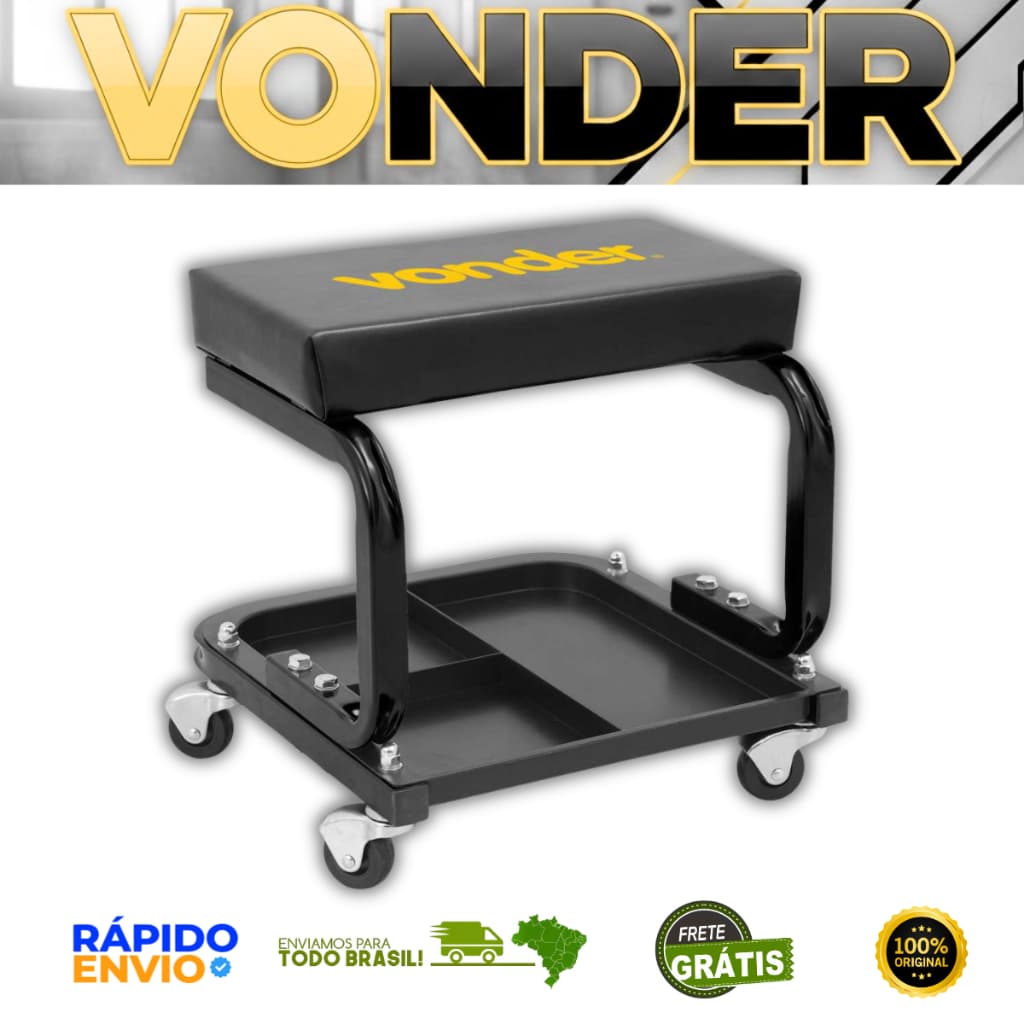 Banqueta para mecânico VONDER com rodízios giratórios, bandeja porta ferramentas, capacidade 100kg