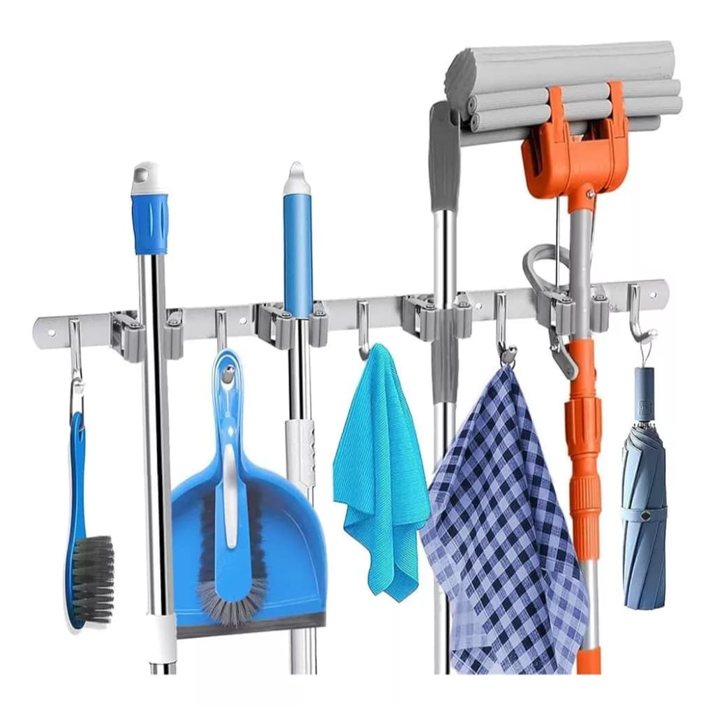 Suporte Inox De Parede 7 ou 9 Ganchos Porta Vassoura Mop Rodo Utensílios de Limpeza /suporte para vassoura