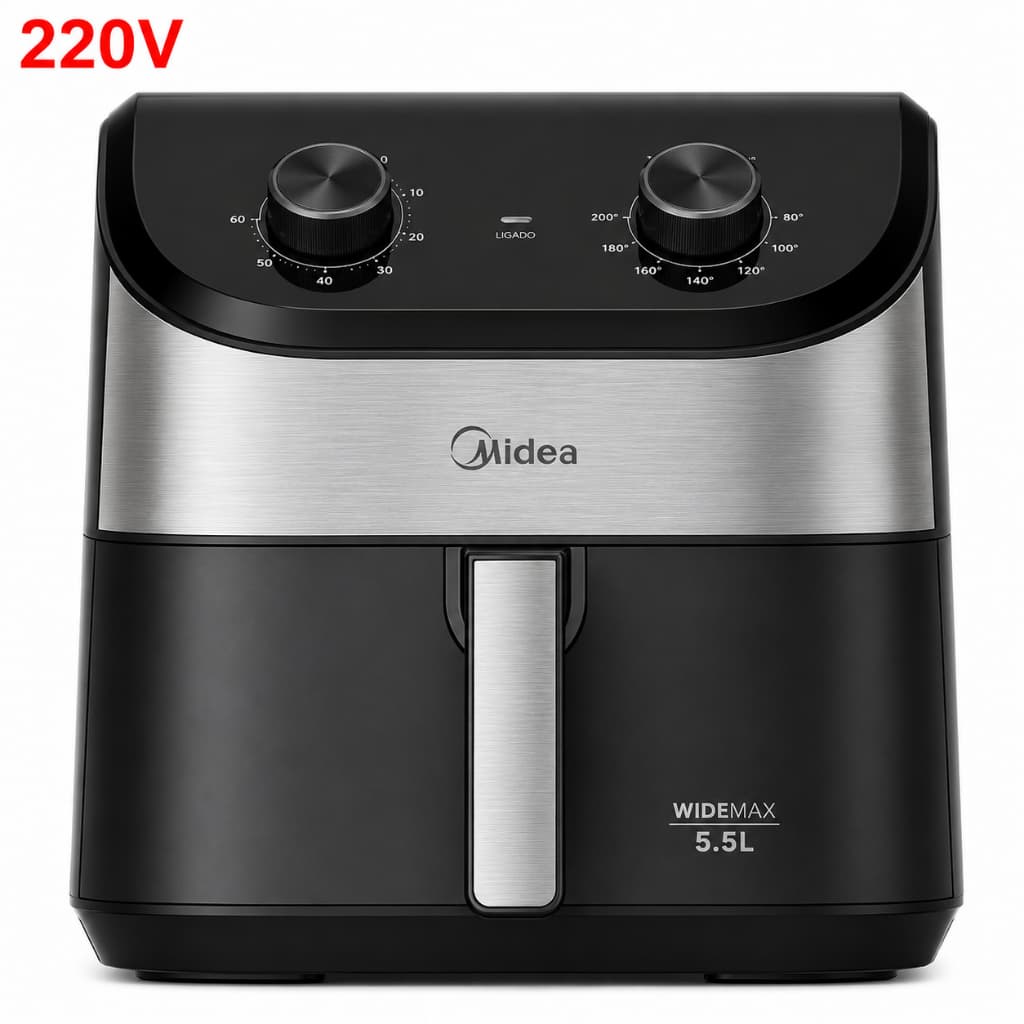 Fritadeira Air Fryer 5,5L Widemax com interior de alumínio Midea, 1900W, preto e prateado