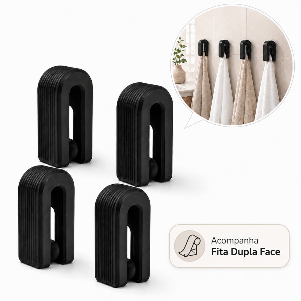 Kit 4 suportes de toalha pretos para banheiro, fixação simples, acompanha fita dupla face.