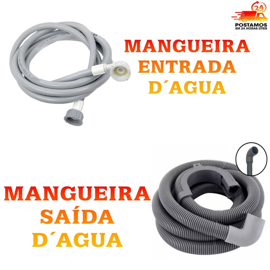 Kit de mangueiras para máquinas de lavar roupa com mangueiras cinza e acessórios brancos.