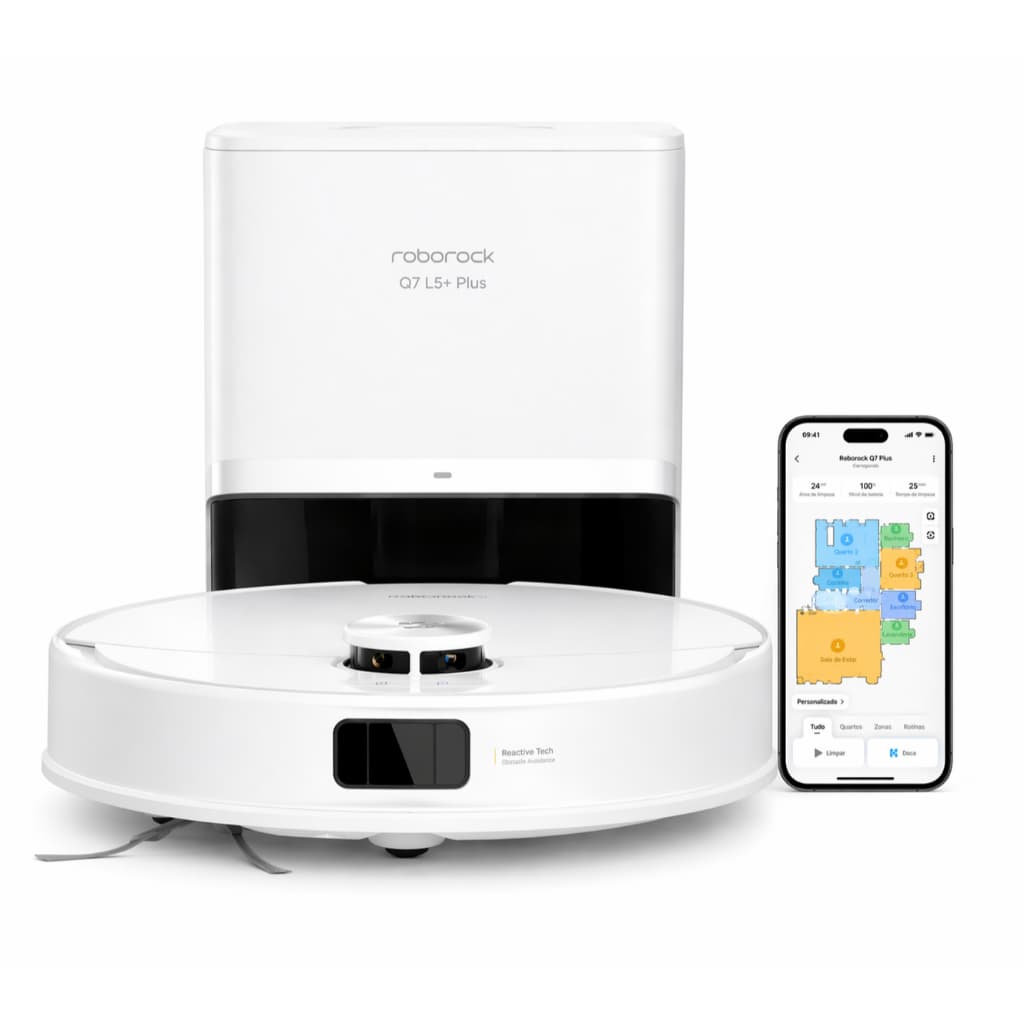 Robô Aspirador Roborock Q7+ Max com compartimento de lixo em fundo branco