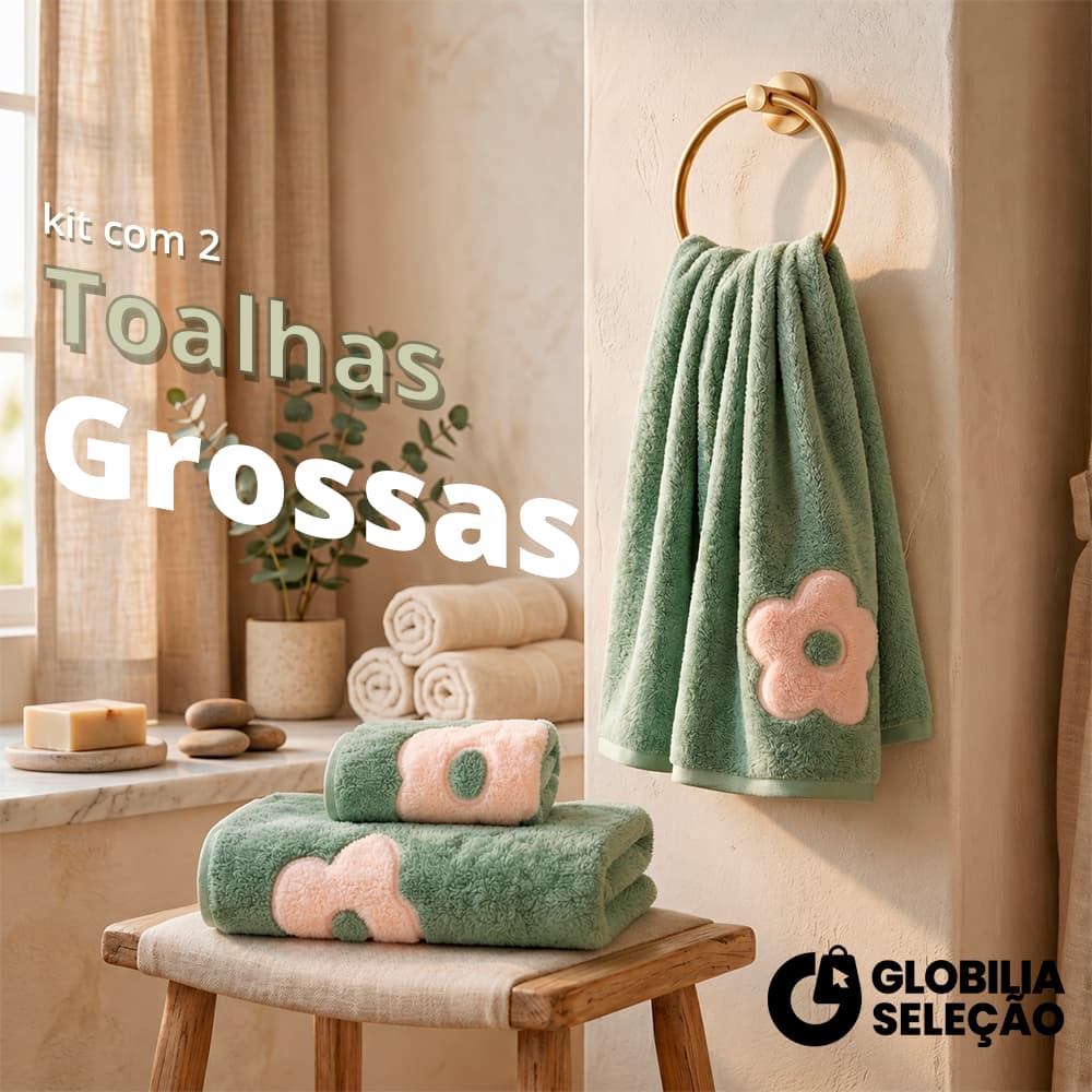 Kit de 2 toalhas grossas com estampa floral em verde e rosa, toalha pendurada em toalheiro dourado