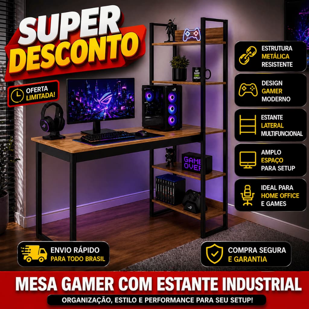 Mesa gamer com estrutura metálica resistente, design moderno, para setup de jogos com monitor, teclado, mouse e CPU.