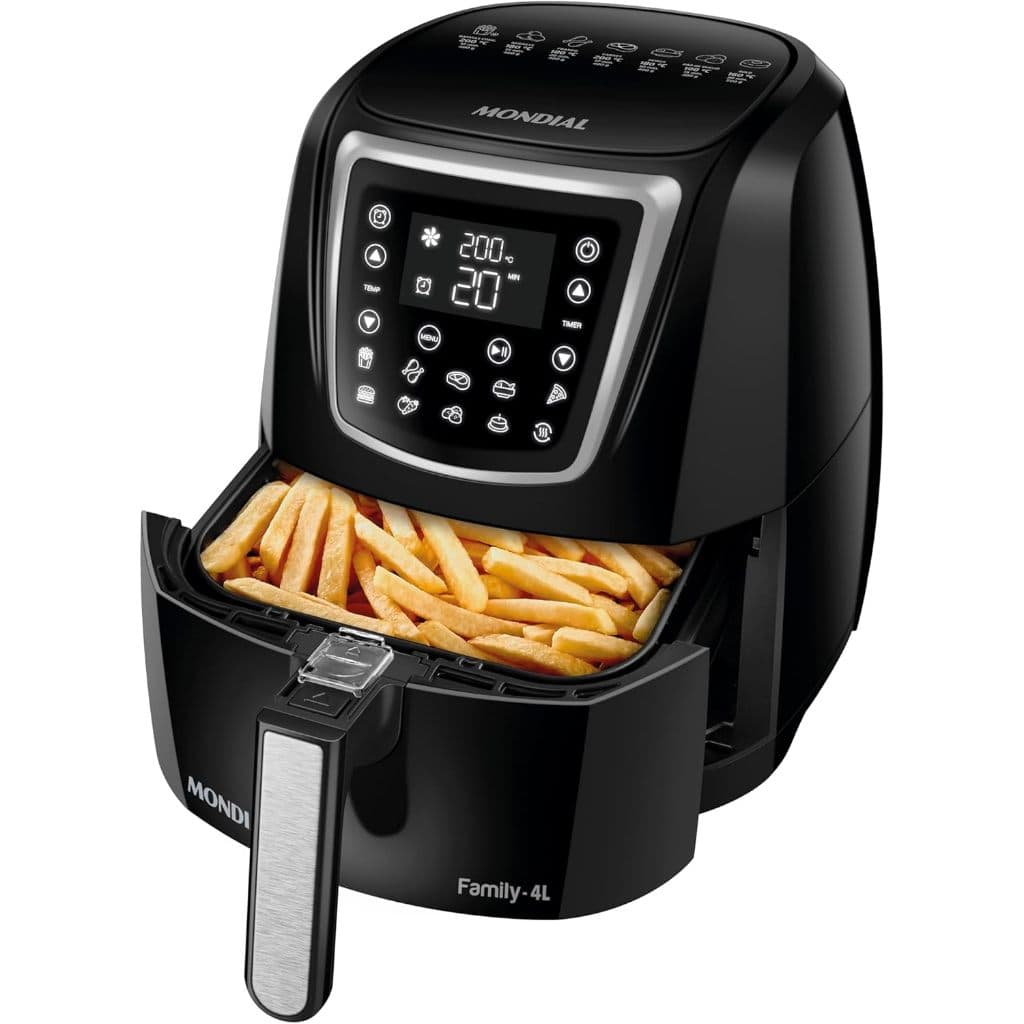 Fritadeira elétrica digital Mondial 4L, preta, com cesta de batatas fritas, fundo branco