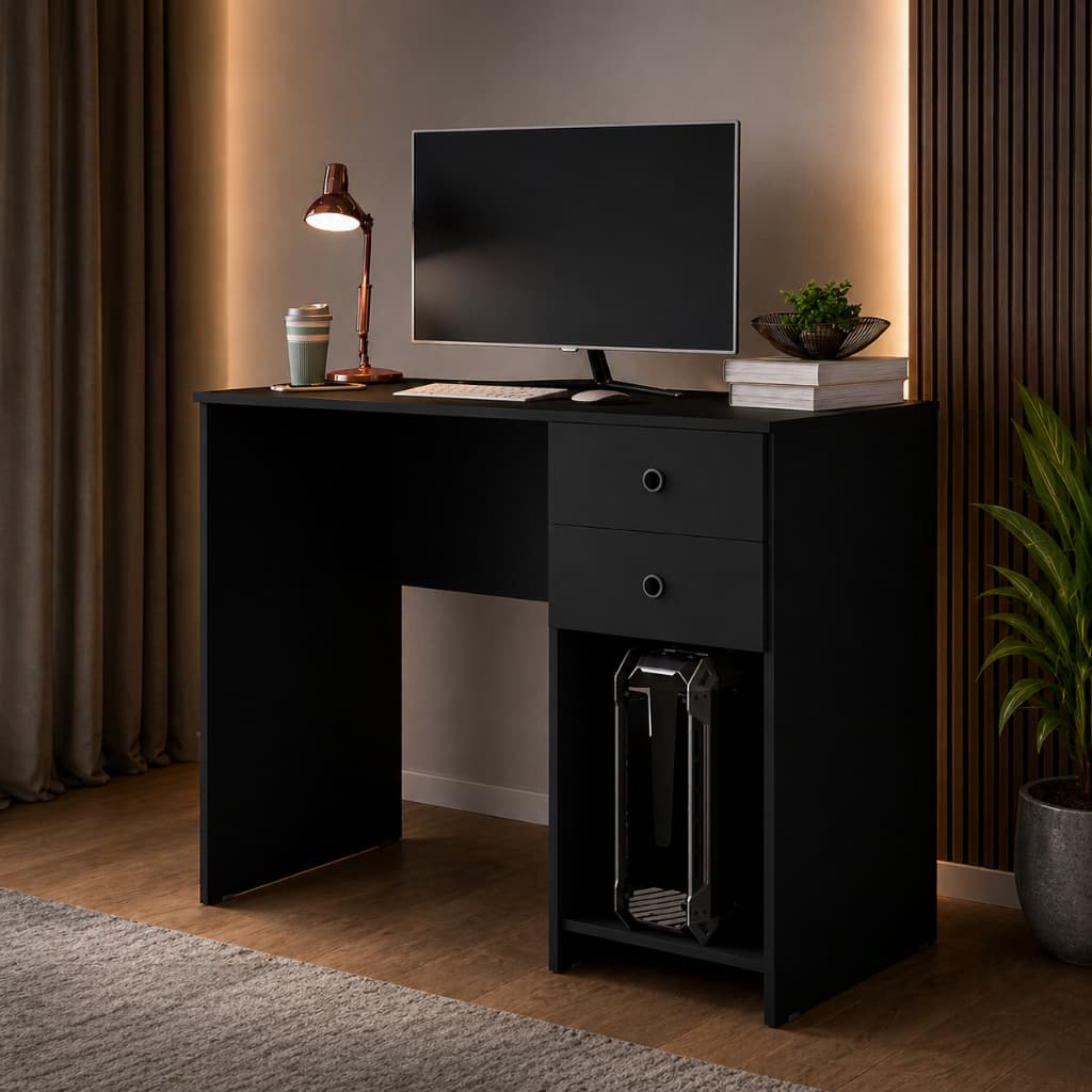 Mesa de escritório preta com monitor, teclado, mouse, livros e lâmpada, ideal para home office