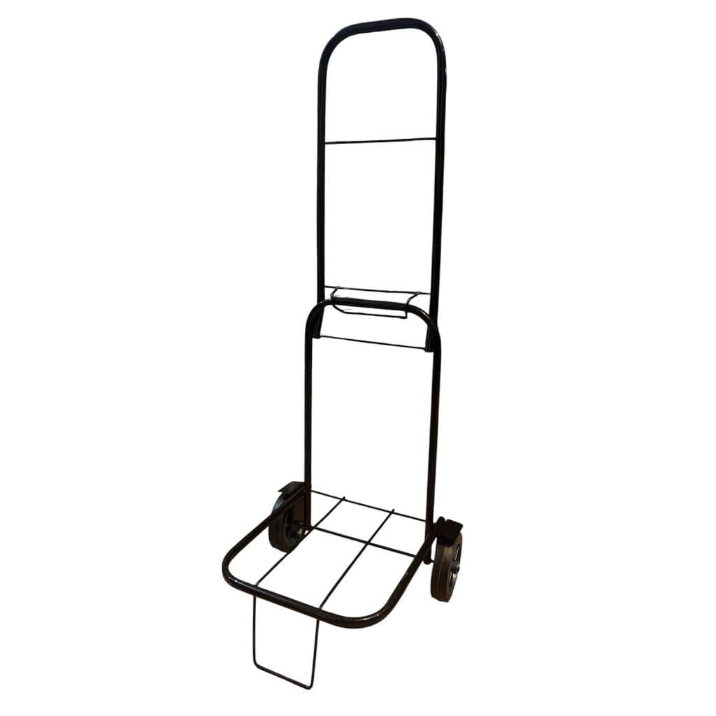 Carrinho de carga dobrável em aço com rodas reforçadas, vista lateral, fundo branco