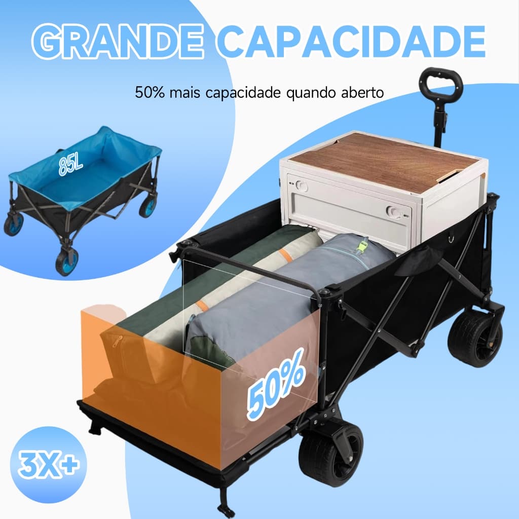 Carrinho de praia dobrável com grande capacidade e estrutura de aço