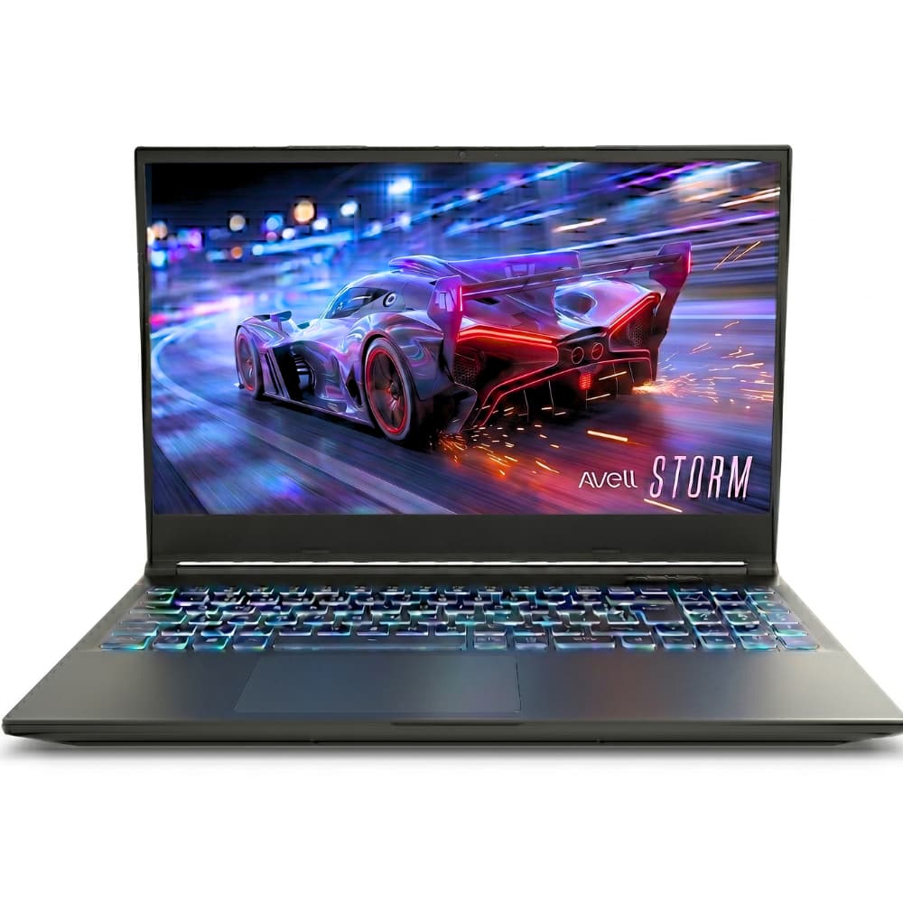 Notebook gamer Avell Storm com teclado retroiluminado e tela de carro de corrida