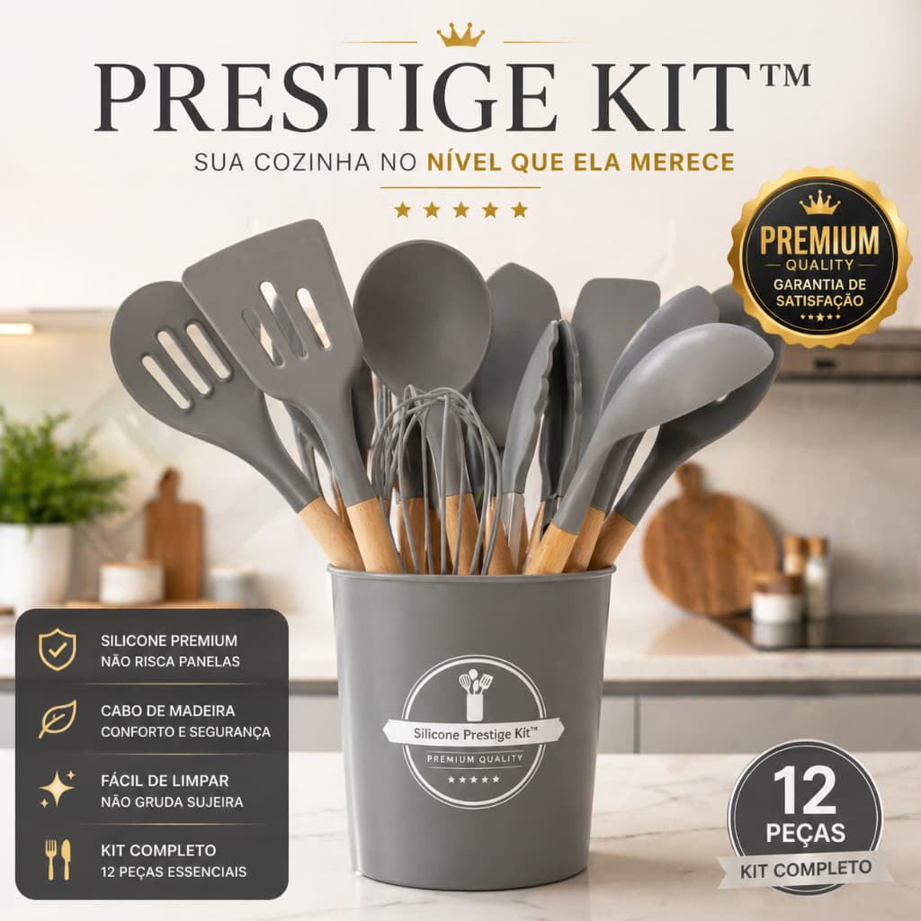 Silicone Prestige Kit™ 12 Peças – Utensílios de Cozinha em Silicone Premium com Cabo de Madeira | Não Risca Panelas + Ki