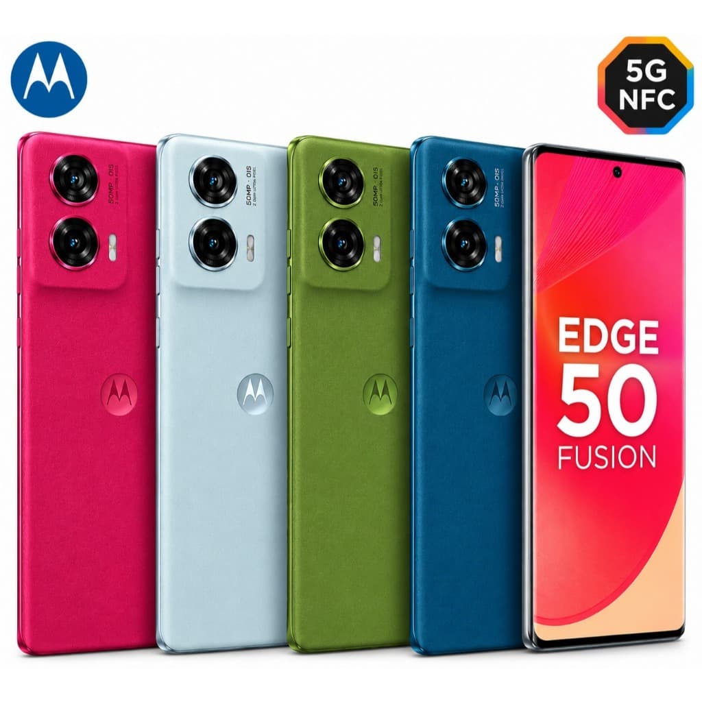 Motorola Edge 50 Fusion 5G, cores rosa, azul, branco, verde e azul escuro, câmera traseira dupla, logotipo Motorola.