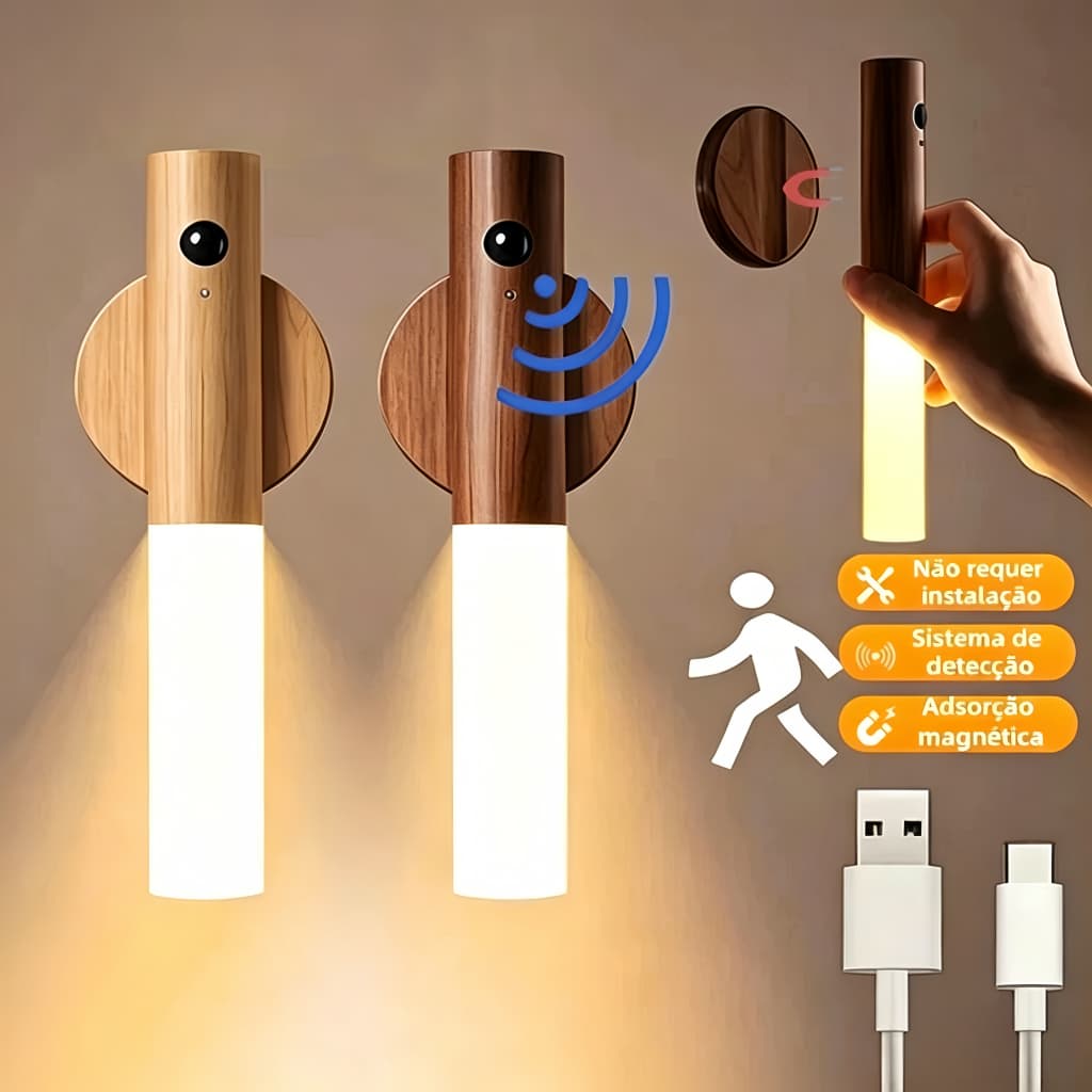 Luminária LED recarregável sensor de movimento madeira minimalista