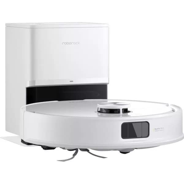 Robô Aspirador Roborock Q7+ Max com base de carregamento, vista frontal.