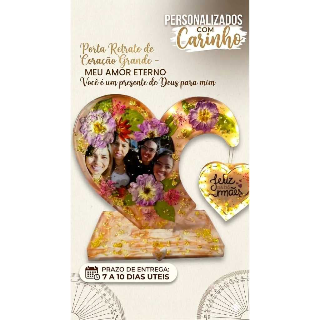 Porta-retrato coração em resina personalizado com foto e frase, presente criativo e artesanal.