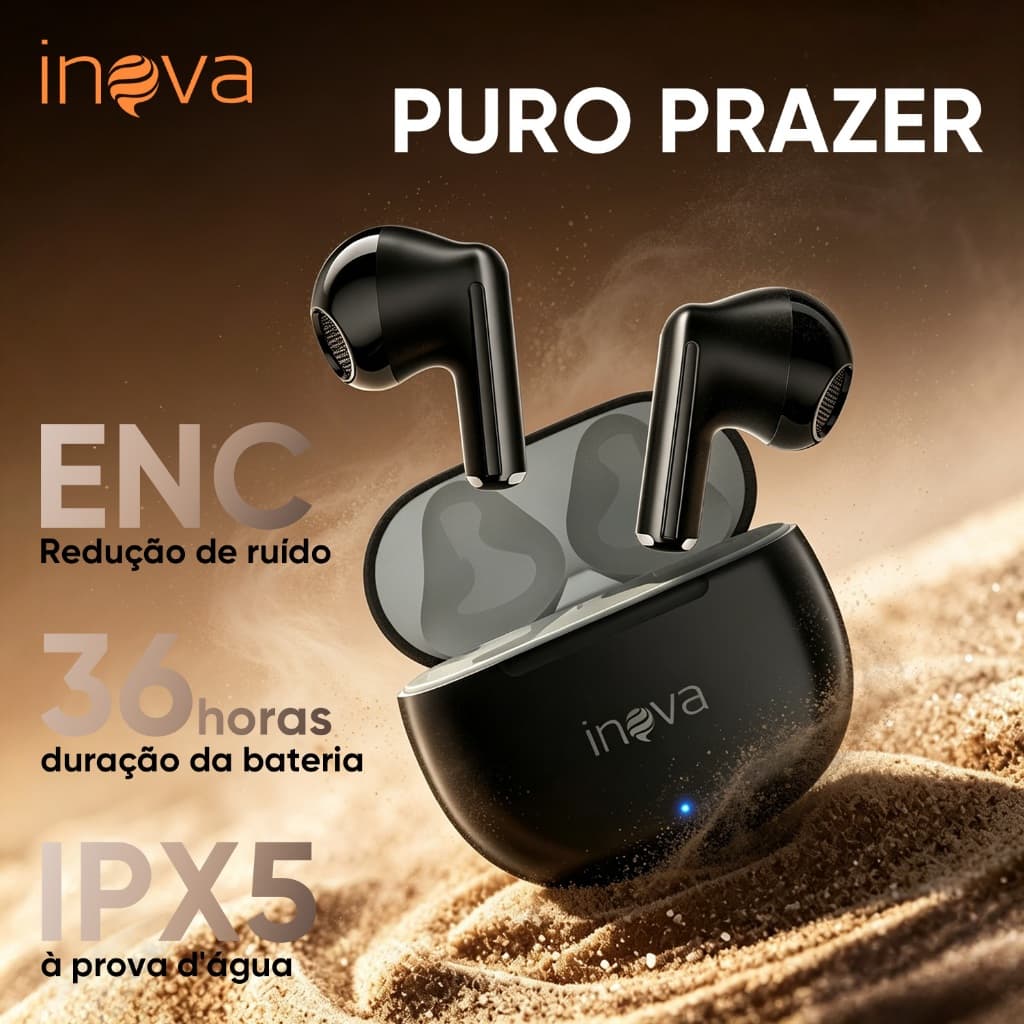 Fone de ouvido sem fio Inova preto com cancelamento de ruído e longa duração de bateria